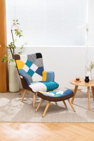 Modern Patchwork Accent Chair with Solid Wood Armrest and Feet, Mid-Century Modern Accent Sofa, Fabric Sofa Chair for Living Room Bedroom Studio, Comf (Material: Cotton Linen, Color: Blue+Multicolor+Footrest)