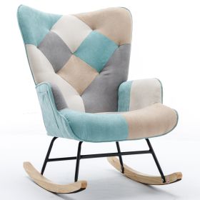 Modern Patchwork Accent Chair with Solid Wood Armrest and Feet, Mid-Century Modern Accent Sofa, Fabric Sofa Chair for Living Room Bedroom Studio, Comf (Material: Cotton Linen, Color: Green+Multicolor+Clashing Color)