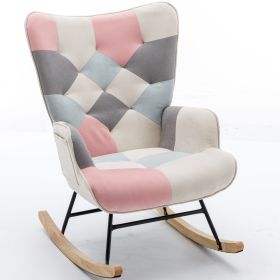 Modern Patchwork Accent Chair with Solid Wood Armrest and Feet, Mid-Century Modern Accent Sofa, Fabric Sofa Chair for Living Room Bedroom Studio, Comf (Material: Cotton Linen, Color: Multicolor)