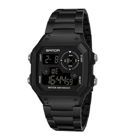 Men's Steel Band Waterproof Multi-function LED Watch Sports (Color: Black)